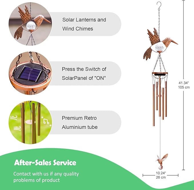 Solar Hummingbird Wind Chimes for outside: Melodious Mother's Day Birthday Gifts for Mom Women Grandma Her - Weatherproof Metal Outdoor Decor Easy Hanging for Garden Patio Tree Window Memorial