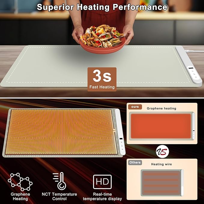 FYY Extra Large Warming Mat for Food - Rapid and Full Surface Heating, 6 Temp Settings, 6H Timer, Rollable Portable Food Warming Mat for Gatherings, Parties, Keep Meal Warm (XX Large Size, Khaki)