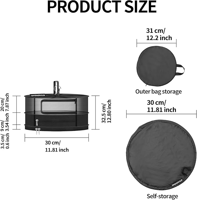 Herb Drying Hanging Mesh Rack - 1ft Diameter (D12xH13 inch) 2 Layer, Foldable Plant Drying Net with U-Shaped Zipper and Storage Pouch for Herbs, Plants, Flowers, Fruits, Food and Clothes