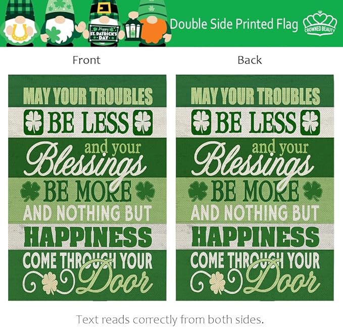 CROWNED BEAUTY St Patricks Day Blessing Garden Flag 12x18 Inch Double Sided for Outside Small Burlap Green Shamrock Holiday Yard Flag