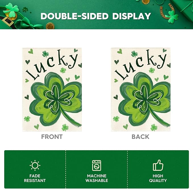 AVOIN colorlife St Patricks Day Garden Flag 12x18 Inch Double Sided Outside, Lucky Clover Shamrock Holiday Yard Outdoor Flag