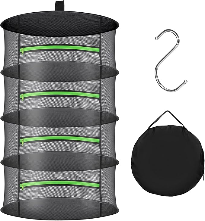 Herb Drying Rack with Mesh Design - Hanging Herb Dryer with Green Zipper for Garden, Home, Indoor or Outdoor Use (4layer)