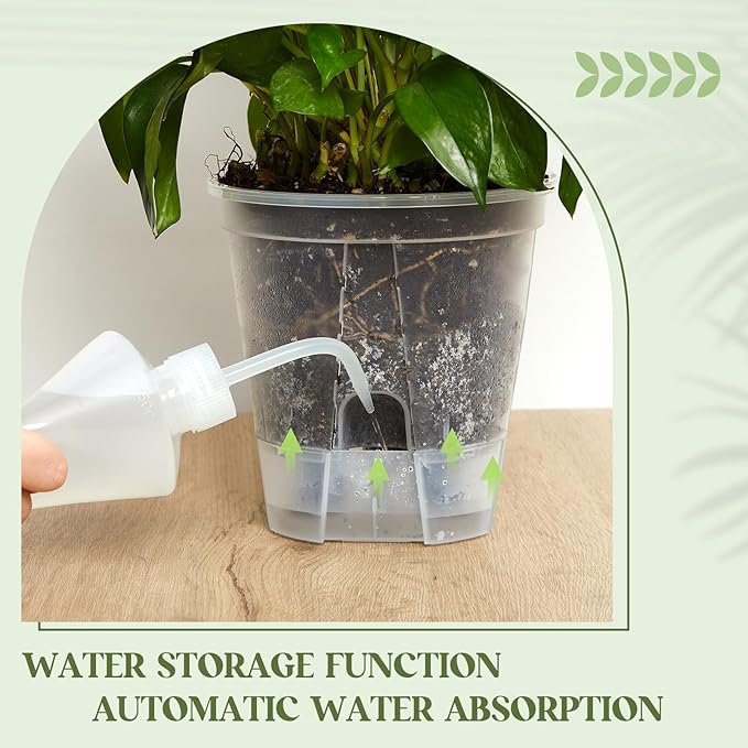 Self Watering Pots for Indoor Plants with Deep Reservoir and High Drainage Holes for Outdoor Plants and Flowers, Bare Root Planter(5.91'',Clear,6 Pcs)