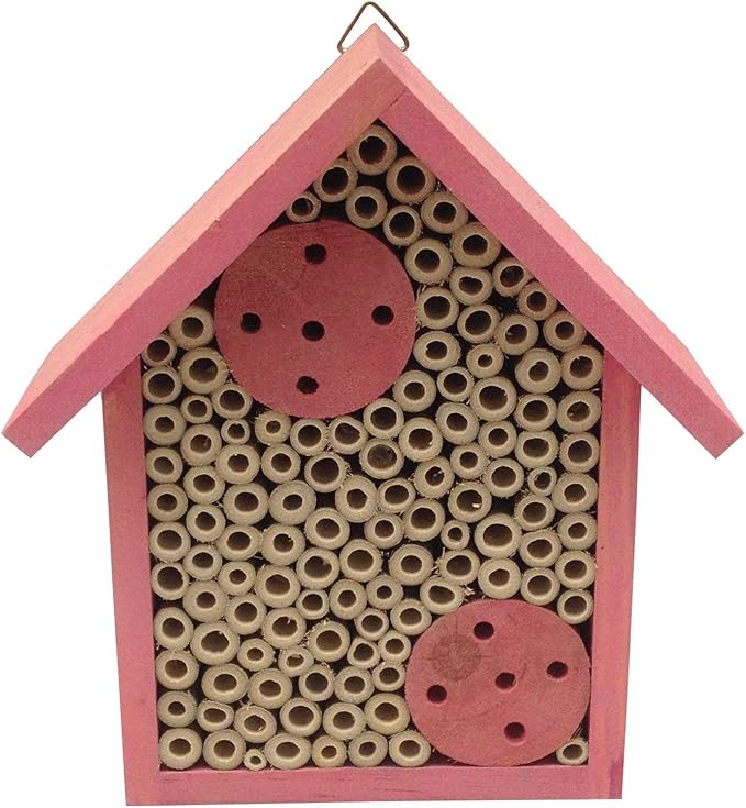 Cestari Mason Bee House Bamboo Tube Solitary Bee Hotel – 75 FSC‑Wood & Bamboo Tubes, 8 × 7.5 × 5 in, Rose Pink