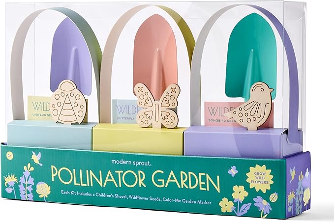 Modern Sprout Pollinator Garden Gift Set - Easter Gifts for Kids, Educational Gardening Tools for Little Gardeners - Eco-Friendly Kids Gardening Set w/Trowel, Wooden Markers & Wildflower Seeds (3pk)