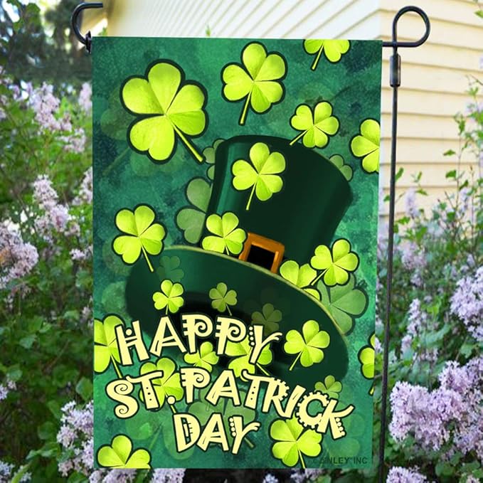Anley Double Sided Premium Garden Flag, Happy St. Patrick's Day Green Hat with Clover Decorative Garden Flags for Home Decor - Weather Resistant & Double Stitched Yard Flags - 18 x 12.5 Inch