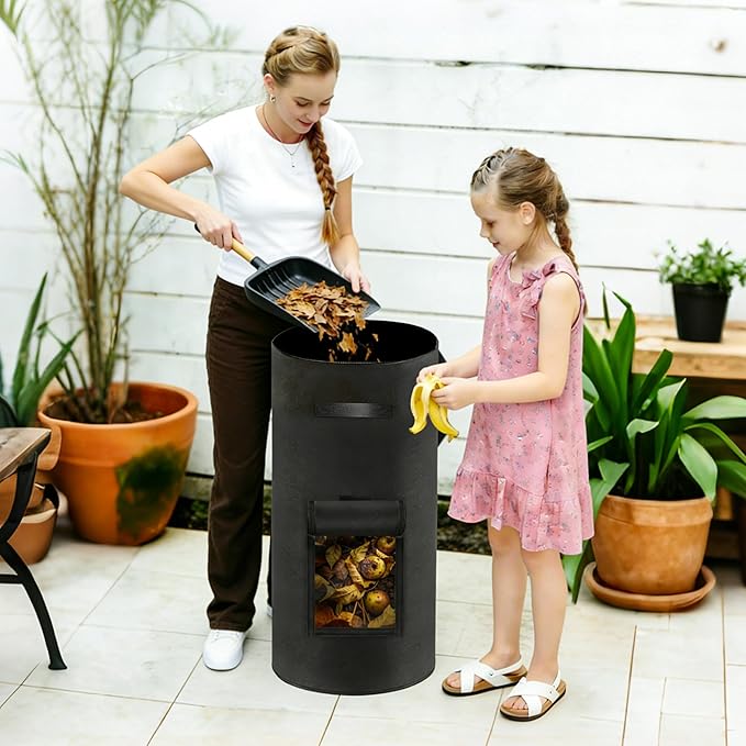 Reusable Compost Bin Outdoor, 34 Gallon Home Compost Bucket with Handles and Observation Windows, Breathable Thickened Foldable Compost Bin for Garden Yard (1 Pack, Black)