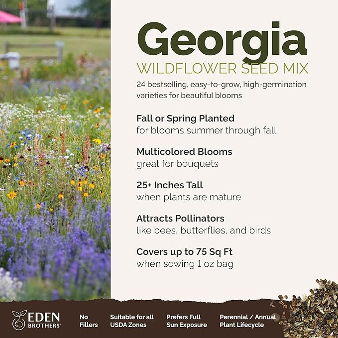 Eden Brothers Georgia Wildflower Mixed Seeds for Planting, 1 oz, 30,000+ Seeds with Cornflower, Cosmos, African Daisy | Attracts Pollinators, Plant in Spring or Fall, Zones 3, 4, 5, 6, 7, 8, 9, 10