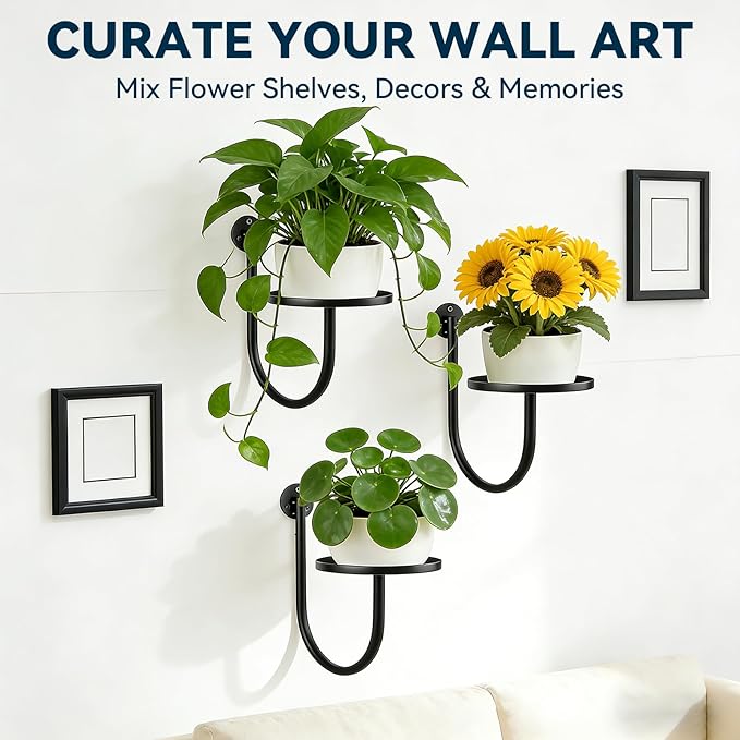 Wall Planters for Indoor Plants, 3 Pack Wall Mounted Plant Holder, Metal Plant Floating Decor Shelves, Space Saving, for Bedroom, Living Room, Kitchen, Office, Bathroom Decor