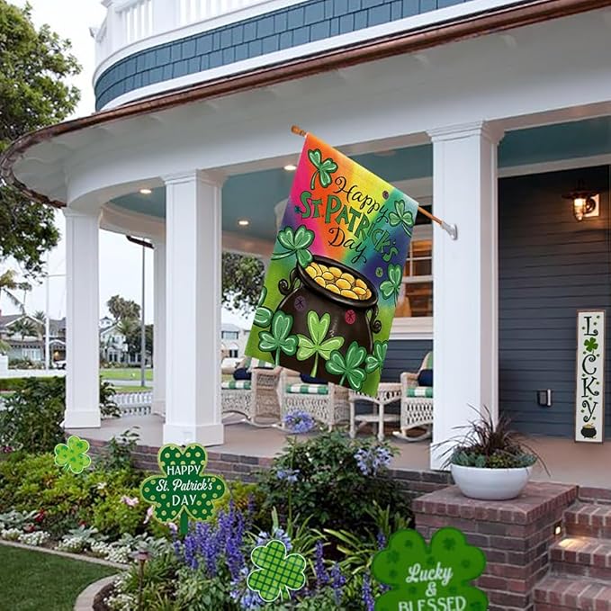 Happy St Patrick's Day House Flag 28x48 Inch Double Sided Burlap, Green Lucky Clovers Shamrock Gold Coin Sign for Farmhouse Yard Outdoor Decor DF430-28