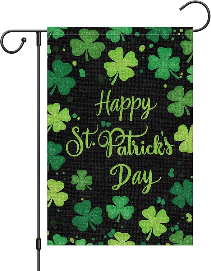 Louise Maelys Happy St Patrick's Day Garden Flag Clover Shamrock Welcome 12x18 Inch Double Sided Small Burlap Spring Holiday Yard Outdoor Outside House Decor