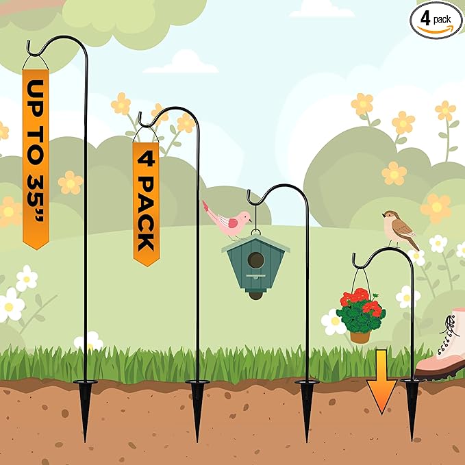 Shepherds Hooks for Outdoor - Set of 4 Adjustable Garden Poles for Bird Feeders, Solar Lanterns, Wind Chimes, Hanging Plants - Shepards Hook Ground Stakes For Perfect Outdoor Landscape Decorations
