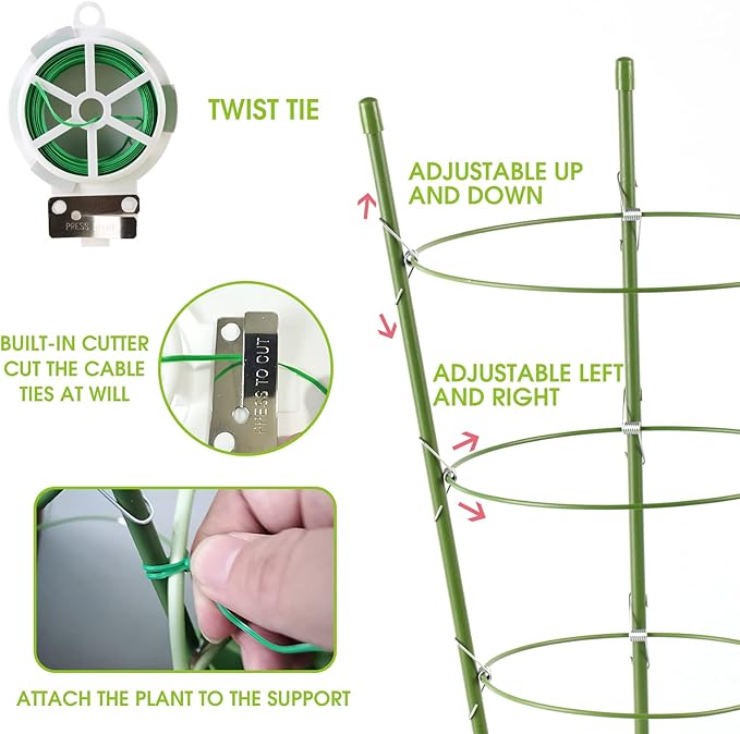 4 Pack Tomato Cage, 24 inches Plant Support Cages for Garden, Upgrade Garden Plant Stakes with Adjustable Rings, Plants Trellis for Tomato, Flower, Climbing Plants, with Twist Tie