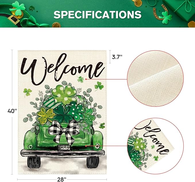AVOIN colorlife St Patricks Day Truck House Flag 28x40 Inch Double Sided Outside, Lucky Shamrocks Clovers Welcome Yard Outdoor Decoration