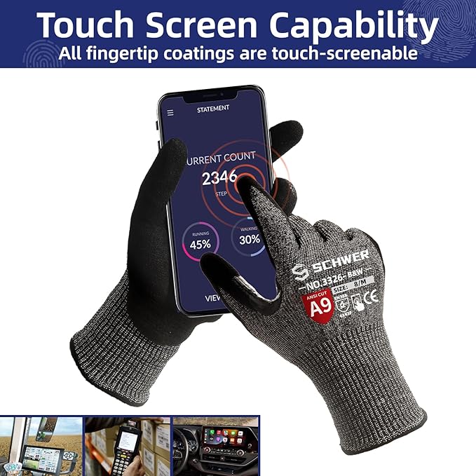 Schwer ProGuard High Level Cut Resistant Work Gloves PR3326 for Extreme Protection，ANSI A9 Cut Gloves with Reinforced Thumb, Non Slip, Durable, Touch-screen, Black 1 Pair（XXL）