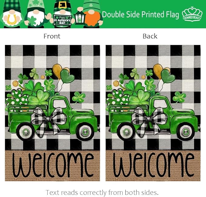CROWNED BEAUTY St Patricks Day Shamrocks Truck Garden Flag 12x18 Inch Double Sided for Outside Small Burlap Buffalo Plaid Welcome Holiday Yard Decoration