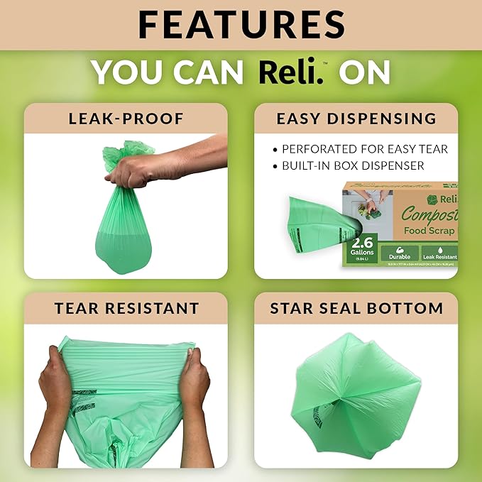 Reli. Compost Bags 2.6 Gallon (150 Count) | ASTM D6400 | Compostable Trash Bags for Food Scraps | Small Composting Liners for Kitchen CompostBin/Countertop Bin | Green, Eco for Food Waste, 2.6 Gal