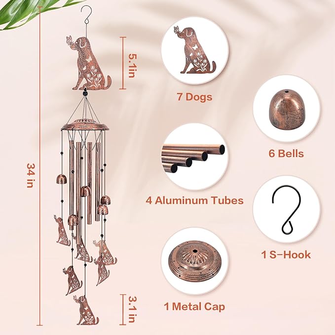 Dog Wind Chimes Outdoor Dog Gifts for Women/Men/Mom/Grandma/Wife/Friends Birthday Gifts Memorial Gift Metal WindChimes for Outside/Indoors, Home, Lawn, Porch, Patio, Garden Decor, Yard Decorations