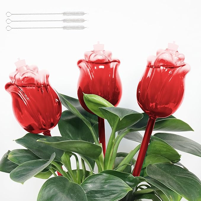 Large Plant Watering Globes Set of 3-10 oz Indoor/Outdoor Large Self Watering Globes Planter Insert, for Mother/Father/Friend/Plant Enthusiasts (Red Rose)