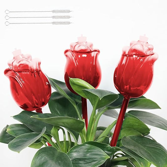 Large Plant Watering Globes Set of 3-10 oz Indoor/Outdoor Large Self Watering Globes Planter Insert, for Mother/Father/Friend/Plant Enthusiasts (Red Rose)
