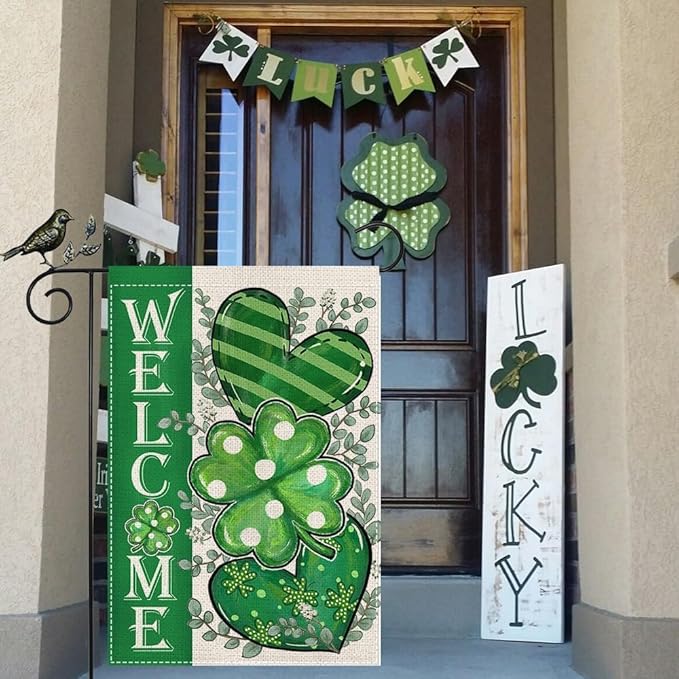 GEEORY St Patricks Day Garden Flag 12.5 x 18 Inch, Shamrock Hearts Welcome Double Sided Decorative Flag For Outside Yard Lawn Decoration GB009-12