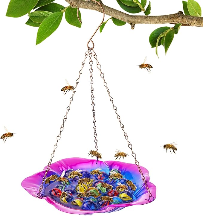 Bee Feeder with Vivid Hibiscus Design - Anti-Rust Iron Bee Watering Station for Feeding, Colorful Butterfly Bath Bowl Bee Cups with 30 Glass Marbles for Outdoor Yard Garden Decor Gifts (Purple)