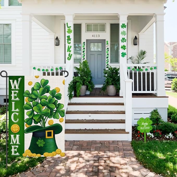 Welcome St Patricks Day Garden Flags Burlap 12x18 Double Sided, Green Hat Lucky Shamrocks Gold Coin Holiday Party Sign Small Flag Yard Outdoor Decor DF658