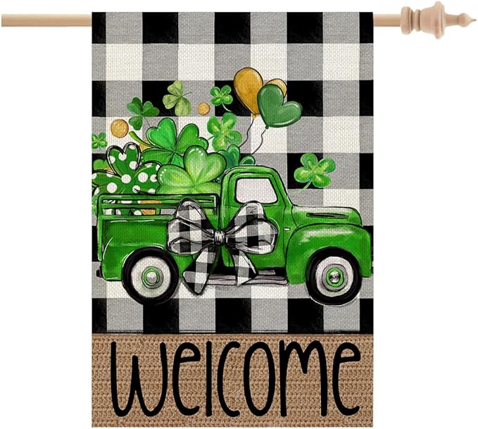 CROWNED BEAUTY St Patricks Day House Flag 28x40 Inch Double Sided Large Burlap Holiday Clovers Truck Flag for Outside Yard Welcome CF1325-40