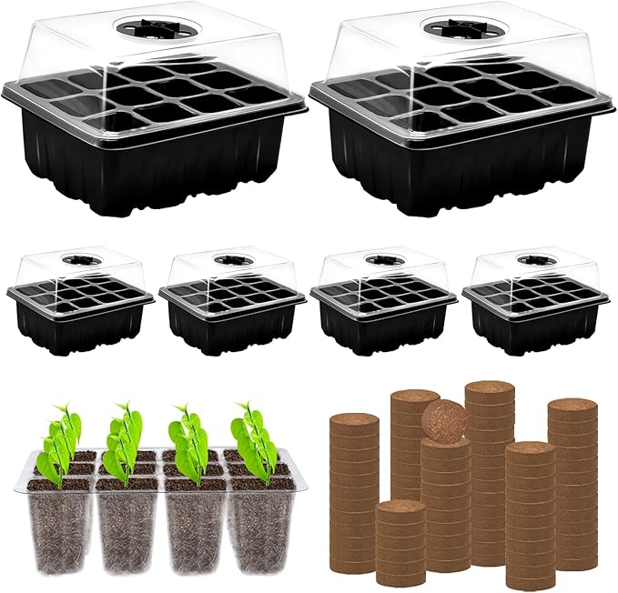ZeeDix 6 Set Seed Starter Tray Kits, 6 Pack Seed Trays with 90 Pack Coco Coir Pellets, Adjustable Humidity Germination Tray with Dome Lids for Indoor Plants, Mini Greenhouse for Vegetables Garden