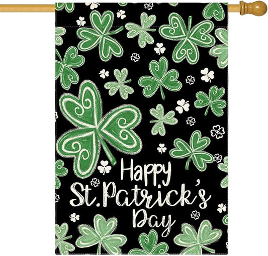 AVOIN colorlife Happy St Patricks Day House Flag 28x40 Inch Double Sided Outside, Shamrock Lucky Clover Floral Yard Outdoor Flag