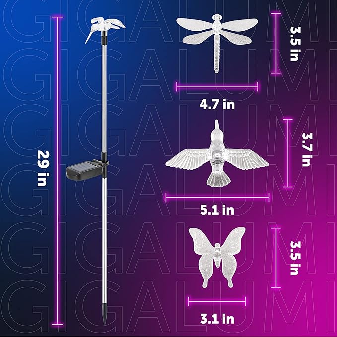 GIGALUMI Solar Garden Lights, 3 Pack Solar Butterfly Lights Decoration, Outdoor Garden Decoration Color Changing LED, Outdoor Decorative for Pathway, Lawn, Patio, Driveway