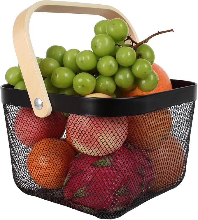 Mesh Steel Harvest Basket with Wood Handle,Hanging Kitchen Baskets Outdoor Basket,Harvest Basket for Garden Vegetables,for Shopping Garden Kitchen Bathroom Home(Black)