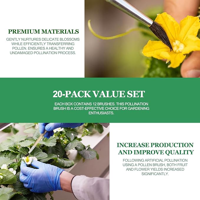 20 Pcs Pollination Brush, Pollinator Brushes Tool Set for Greenhouse Gardens Tomatoes, Peppers, Strawberries and More, Wood