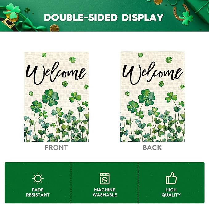 AVOIN colorlife St Patricks Day Garden Flag 12x18 Inch Double Sided Outside, Shamrocks Four-leaf Clovers Welcome Yard Outdoor Flag