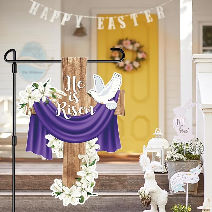 He is Risen Easter Garden Flag Banner Outdoor Decorations for Outside Double-Sided Printed, Cross Rise Christian Jesus Lily Flowers Bunting Yard Flags House Yard Spring Seasonal Decoration