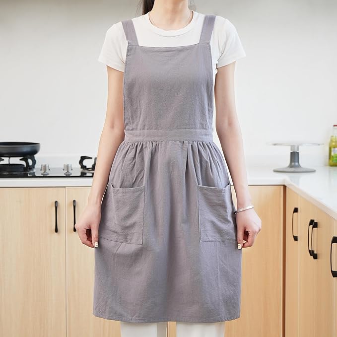 Cotton Linen Pinafore Apron Dress for Women with Pockets Cute Art Chef Aprons for Kitchen Baking Gardening Painting