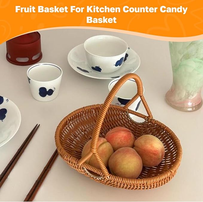 MYCENSE Wicker Picnic Storage Basket with Handle, PP Woven Empty Picnic Baskets, Sturdy Iron Wire Frame, Versatile Harvest Basket for Camping, Beach, Park, Halloween, D 26x20.5x7cm