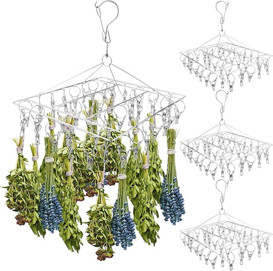 4-Pack Stainless Steel Hanging Herb Drying Rack - Space Saving Herb Dryer for Fresh Herbs, Flowers, Tea & Aromatic Herbs - Rustproof Kitchen & Garden Drying Rack with 40 Hooks