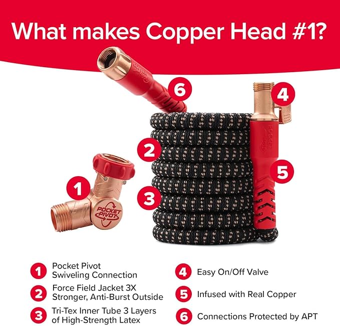 Pocket Hose 100 FT Copper Head Expandable Garden Hose with Pocket Pivot, No Tangles, AS SEEN ON TV, 360° Swivel, Tri-Tex Tubing, Force Field Jacket, Lead-Free, No-Kink, Anti-Burst w/APT