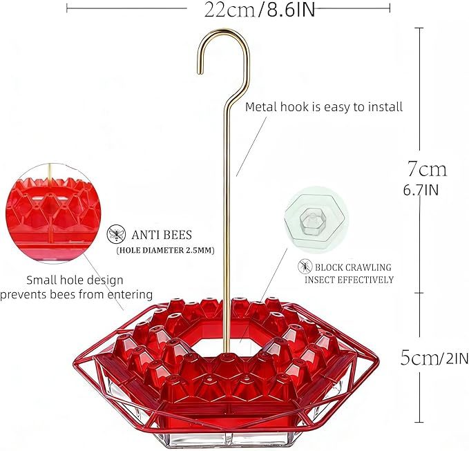 Hummingbird Feeder with Ant-Proof Moat Hummingbird Feeder, Easy to Clean and Refill Includes Hanging Hook, Features 30 Feeding Ports (Red 1PCS)