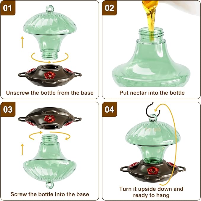 Hummingbird Feeder, Auslar 15 Ounces Glass Hummingbird Feeders for Outdoors Hanging Ant and Bee Proof, Ant Moat & 4 Flower Feeding Ports, Rustproof, Leakproof, Mushroom Shape, Green