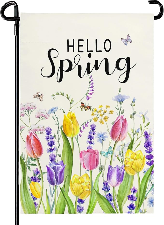 Hello Spring Tulip Garden Flag 12x18 Inch Double Sided Flowers Garden Flags Seasonal Summer Floral Yard Flags for Outside Farmhouse Outdoor Decorations