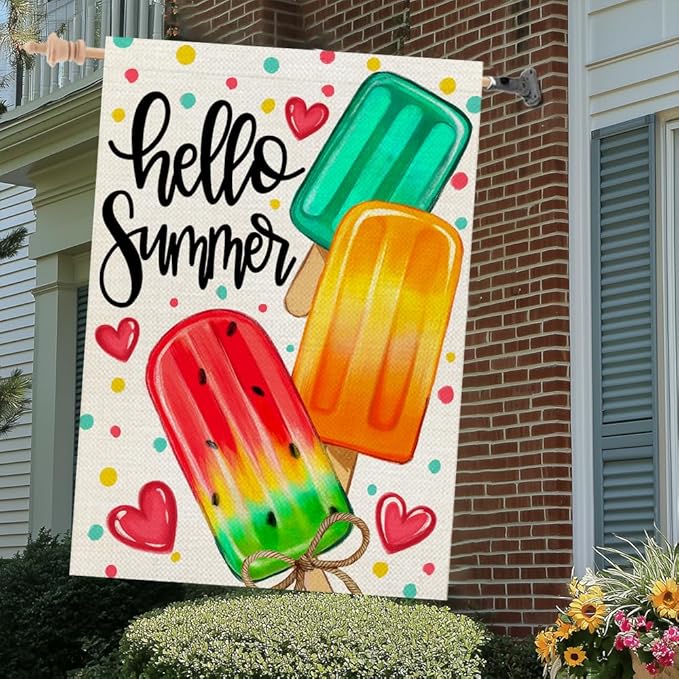 CROWNED BEAUTY Summer House Flag Popsicles Double Sided 28x40 Inches Large Burlap Welcome Seasonal Welcome Yard Decoration for Outside Porch CF1813-40