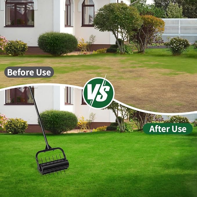 Lawn Aerator, 17'' Grass Rolling Aerators Tool Manual Garden Aerator with Handle Aeration Tool Lawn Steel Nails Aerator Machine with Sandbag, Patio Soil Roller Air Aerator Tool for Yard