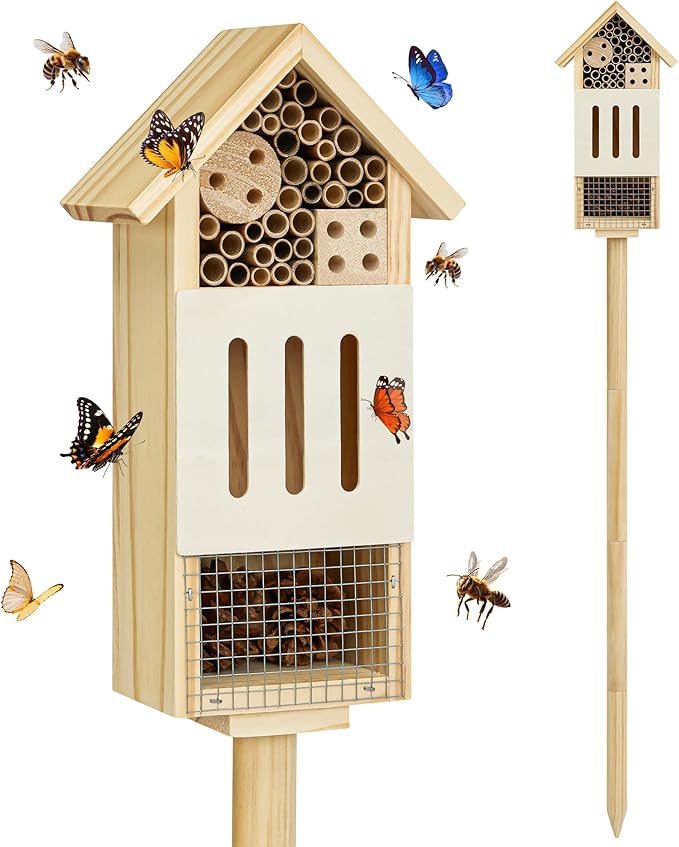 Bee House Bug Hotel & Butterfly House with Stake, Handcrafted Wooden Ladybug Hotel, Natural Insect Habitat for Garden, Patio, or Yard, Attracts Pollinators, 10.4 x 5.5 x 3.2 Inches,25 inches Stake