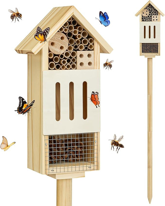 Bee House Bug Hotel & Butterfly House with Stake, Handcrafted Wooden Ladybug Hotel, Natural Insect Habitat for Garden, Patio, or Yard, Attracts Pollinators, 10.4 x 5.5 x 3.2 Inches,25 inches Stake