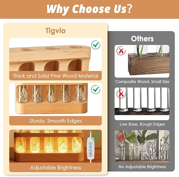 Plant Propagation Station with 9-Level Dimmable LED Light, 5 Glass Test Tube Vases, Wooden Stand for Hydroponic Plants, Gardening Gift for Women & Plant Lovers, Desktop Terrarium & Home Decor