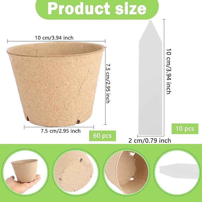 60 Packs 3.15 Inches Seed Starting Pots Biodegradable Drainage Holes Round Nursery Pot with 10 Planting Labels Small Seed Starter Tray Bulk Garden Container for Herb Seed Starter