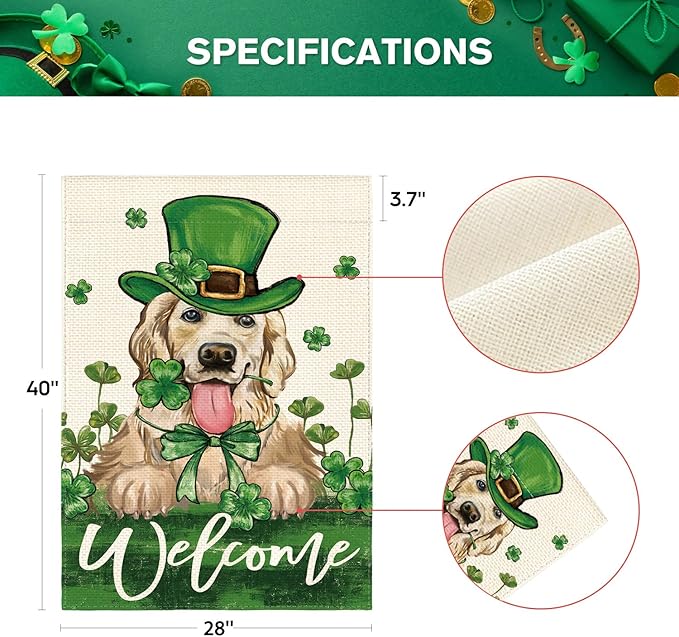 AVOIN colorlife St Patricks Day Green Hat Dog House Flag 28x40 Inch Double Sided, Lucky Shamrock 17 March Welcome Yard Outdoor Flag