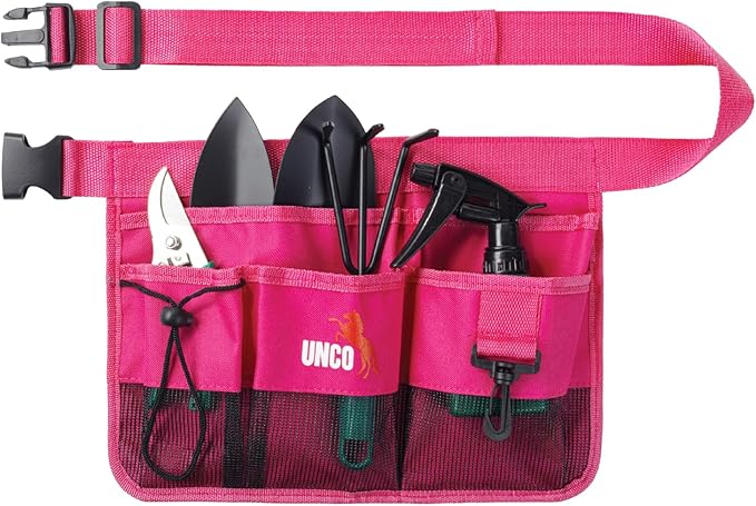 UNCO- Adjustable Gardening Belt, Pink, 7 Pockets, Wear, Cut and Water Resistant, Garden Tool Belt Pouch, Waist Apron with Pockets